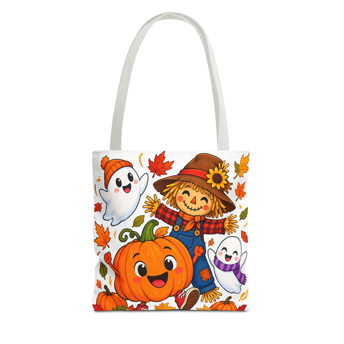 Autumn Friends Halloween Tote Bag — Cute Scarecrow, Pumpkin & Ghosts Fall Tote