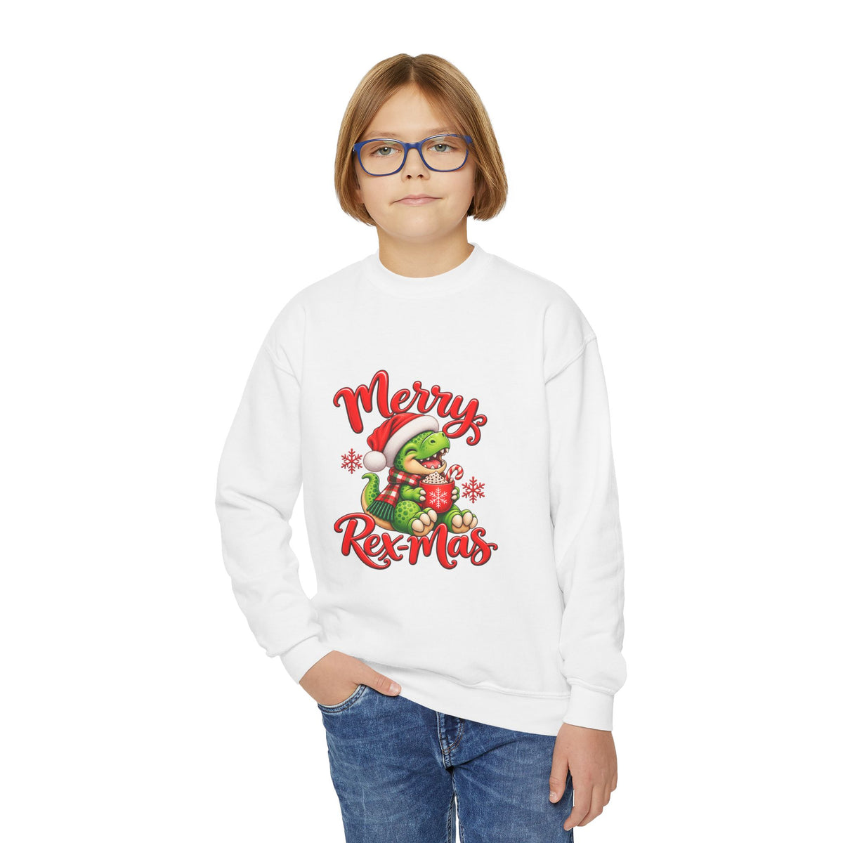 Merry Rex-Mas Kids Christmas Sweatshirt | Cute Dinosaur Holiday Crewneck