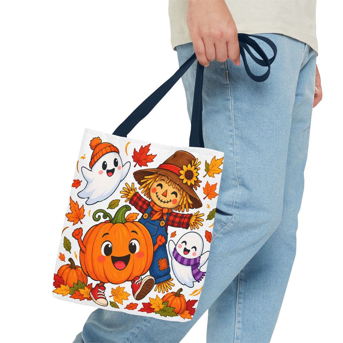 Autumn Friends Halloween Tote Bag — Cute Scarecrow, Pumpkin & Ghosts Fall Tote