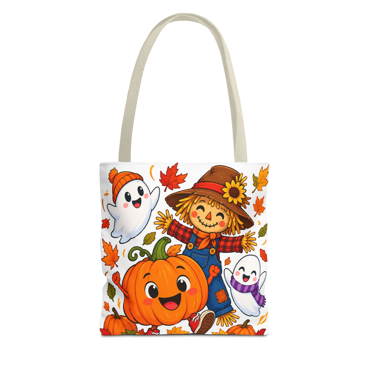 Autumn Friends Halloween Tote Bag — Cute Scarecrow, Pumpkin & Ghosts Fall Tote