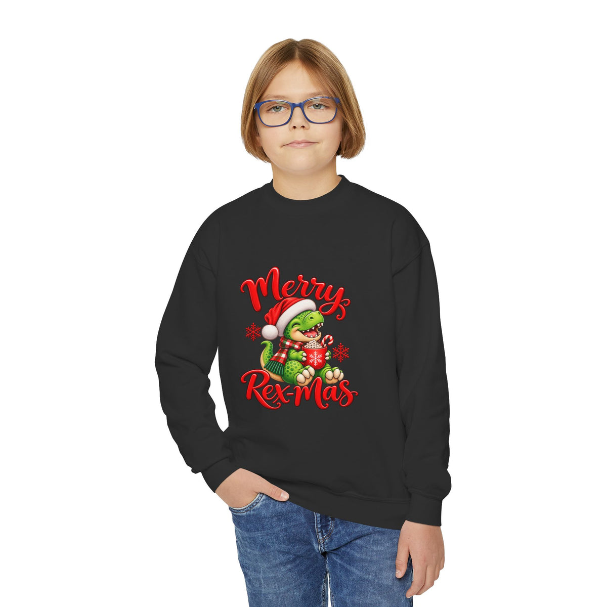 Merry Rex-Mas Kids Christmas Sweatshirt | Cute Dinosaur Holiday Crewneck