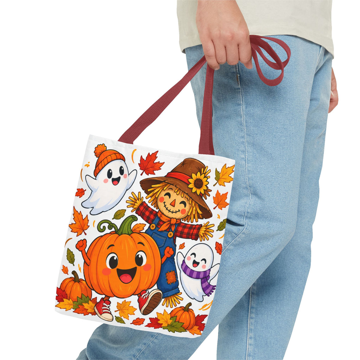 Autumn Friends Halloween Tote Bag — Cute Scarecrow, Pumpkin & Ghosts Fall Tote