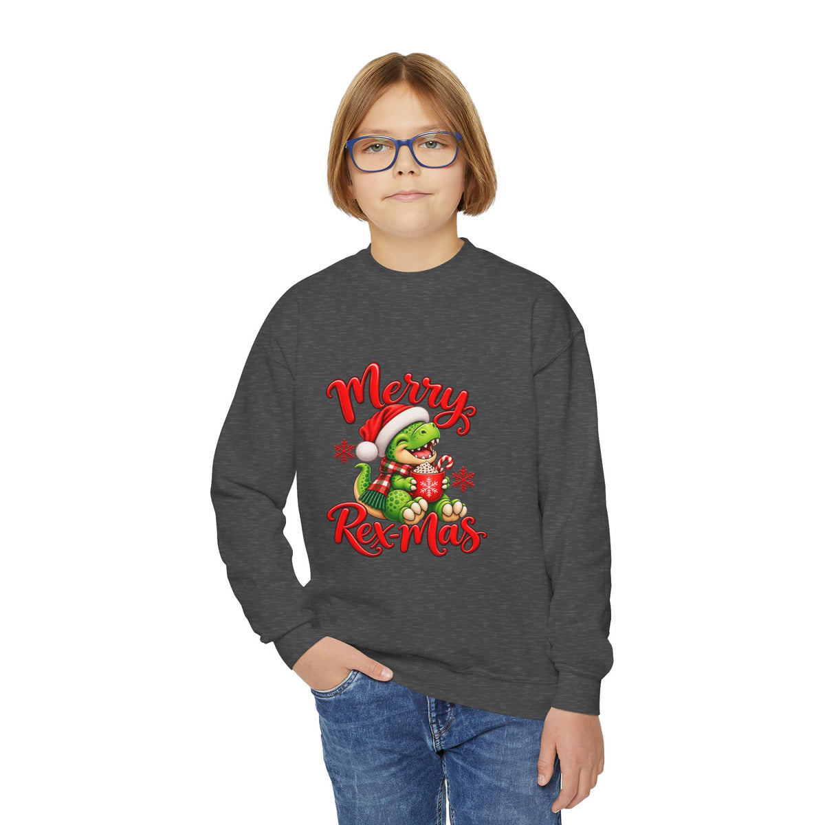 Merry Rex-Mas Kids Christmas Sweatshirt | Cute Dinosaur Holiday Crewneck
