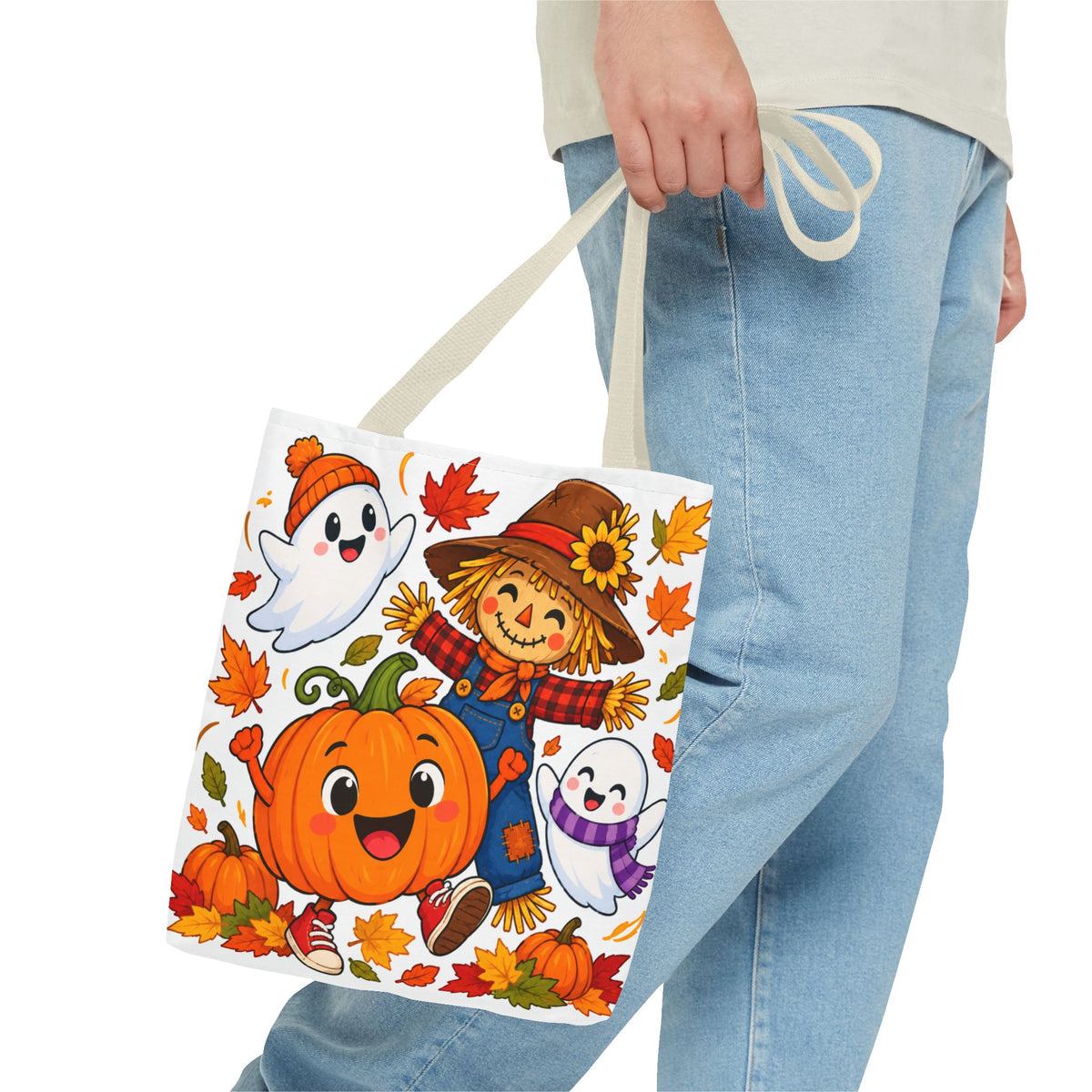 Autumn Friends Halloween Tote Bag — Cute Scarecrow, Pumpkin & Ghosts Fall Tote