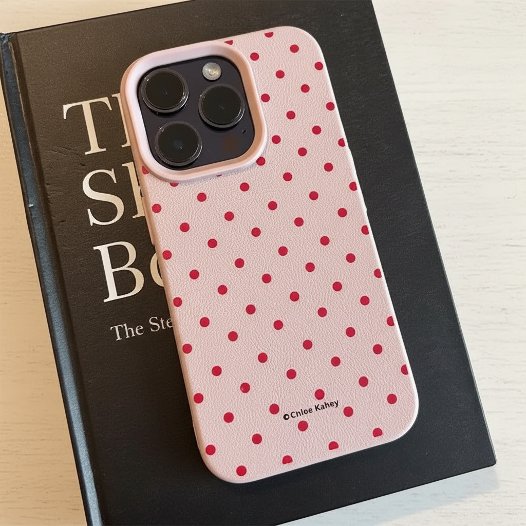Pink polka dot phone case flat lay